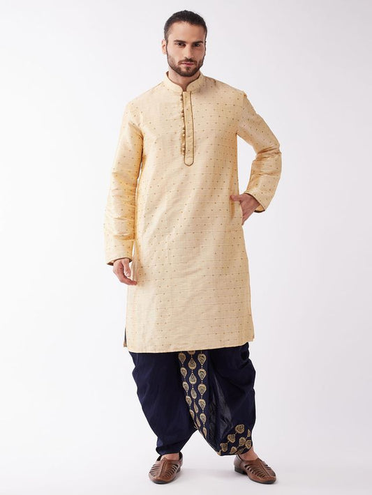 Men's Beige Silk Blend Straight Kurta and Dhoti Set