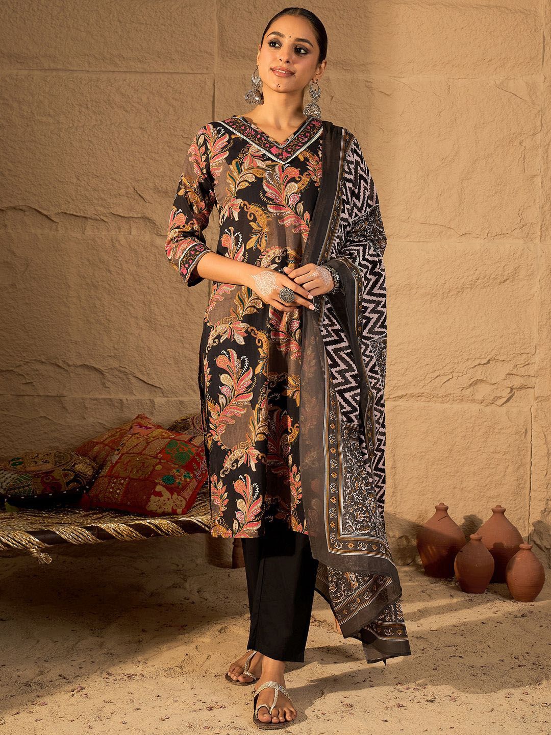 Dhiyona IE Women's Women Floral Embroidered Pure Cotton Kurta with Trouser & Dupatta