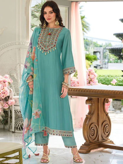 Dhiyona IE Women's Ethnic Motifs Embroidered Regular Mirror Work Kurta With Trousers & Dupatta