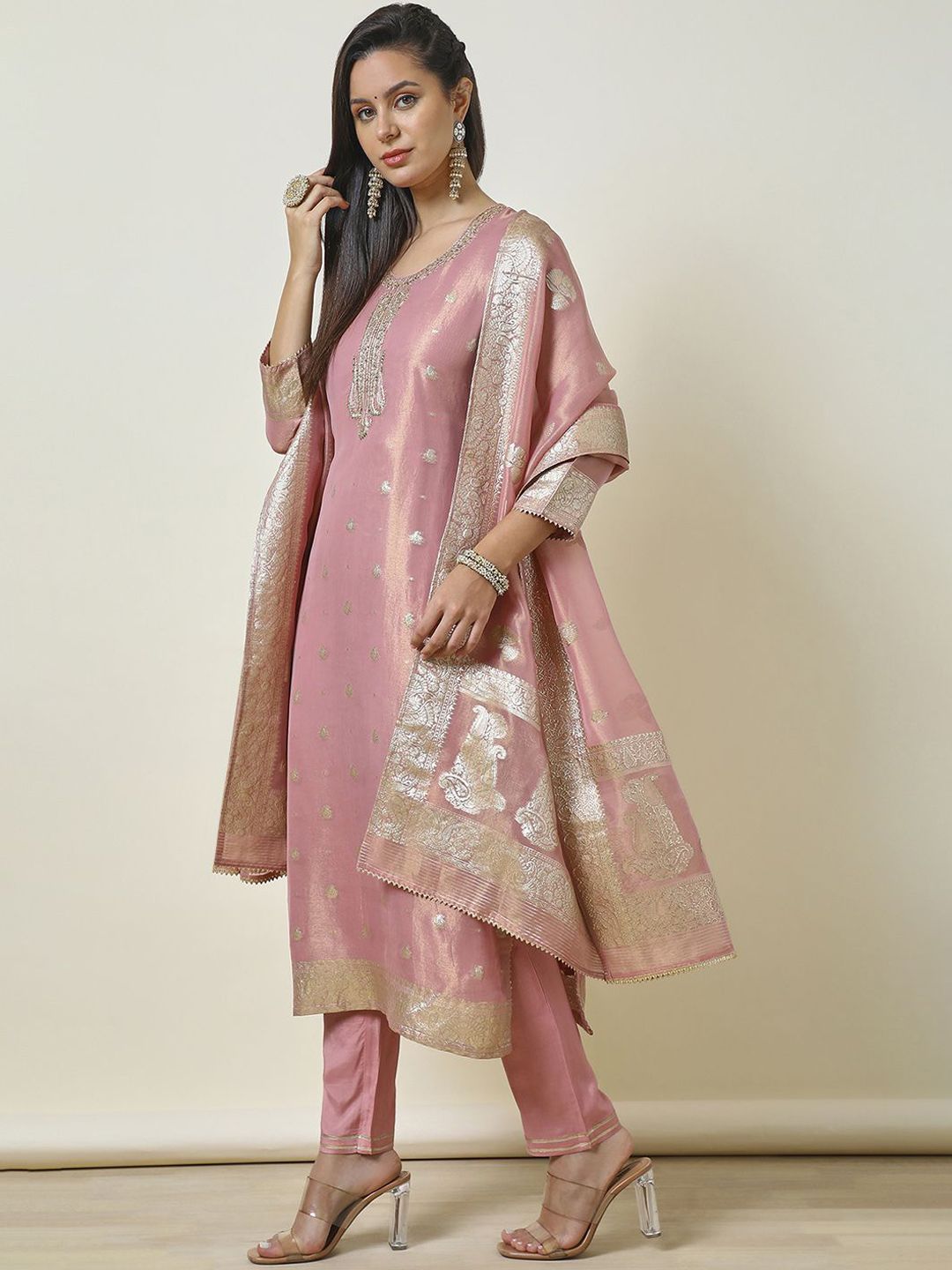 Dhiyona SO Women's Embroidered Beads & Stones Straight Kurta with Trousers & Dupatta