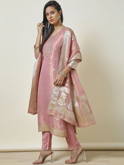 Dhiyona SO Women's Embroidered Beads & Stones Straight Kurta with Trousers & Dupatta
