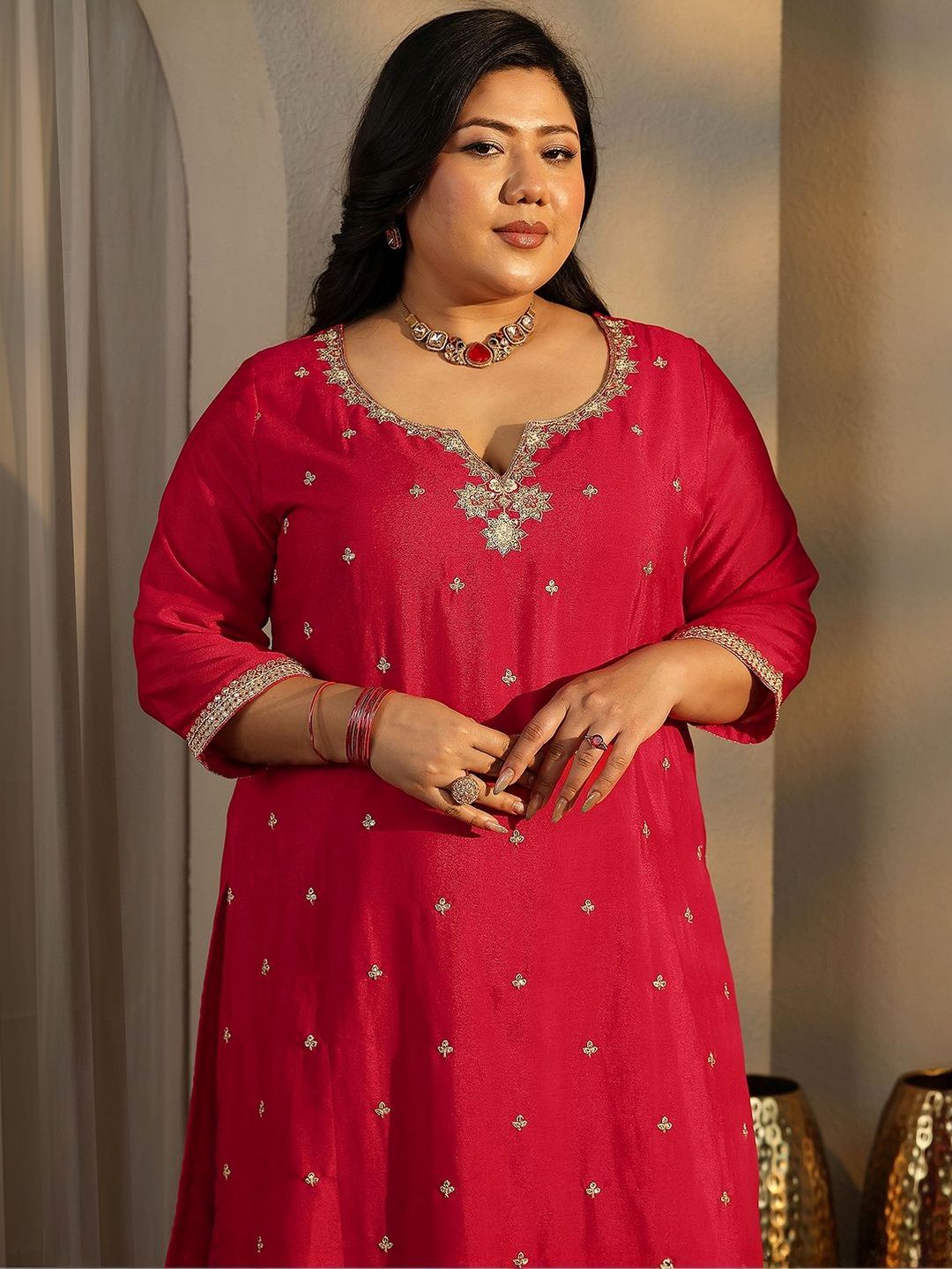 Dhiyona Women's Plus Size Floral Embroidered Kurta with Palazzos & With Dupatta