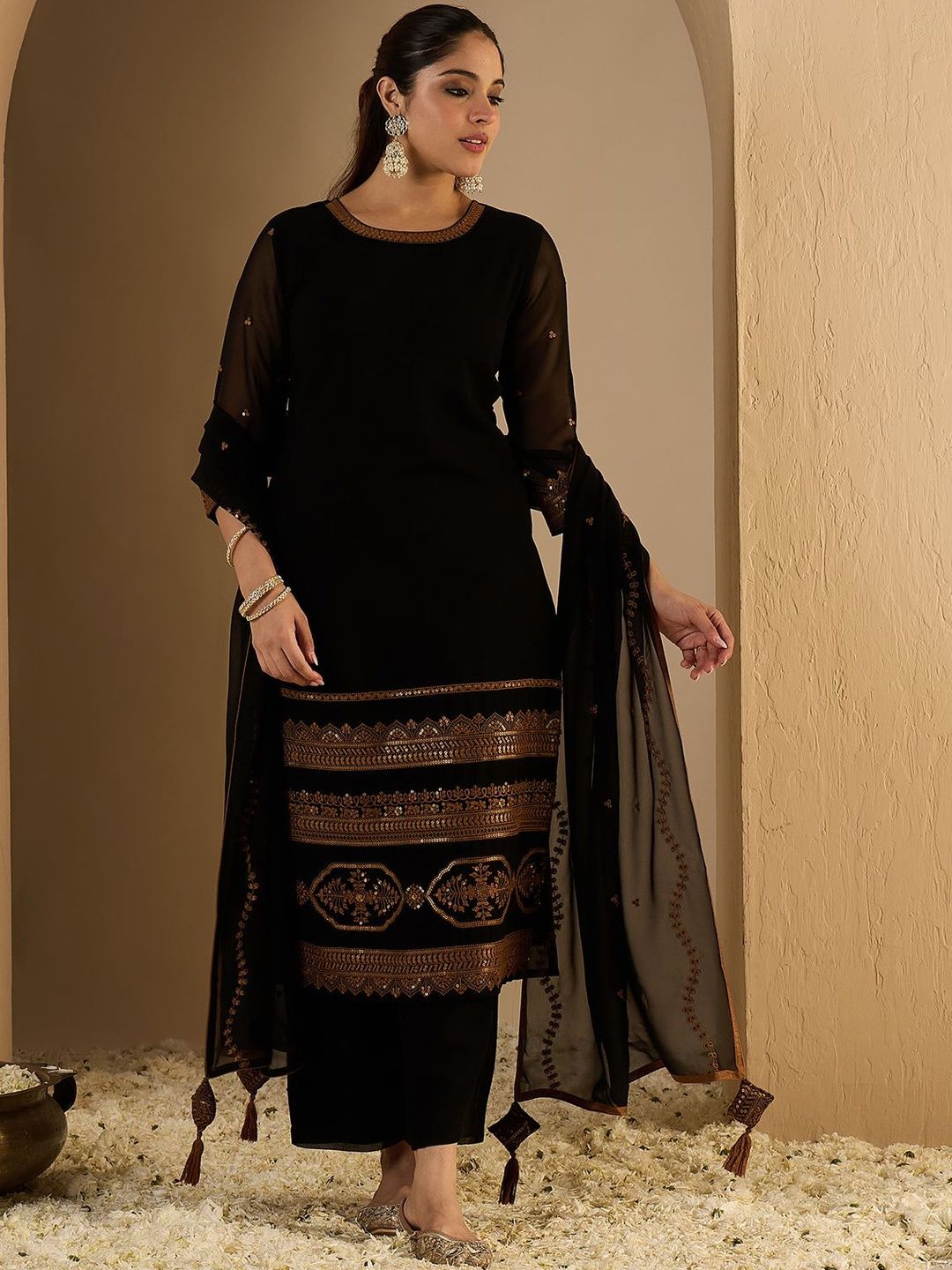 Women Ethnic Motifs Embroidered Kurta with Trousers & With Dupatta