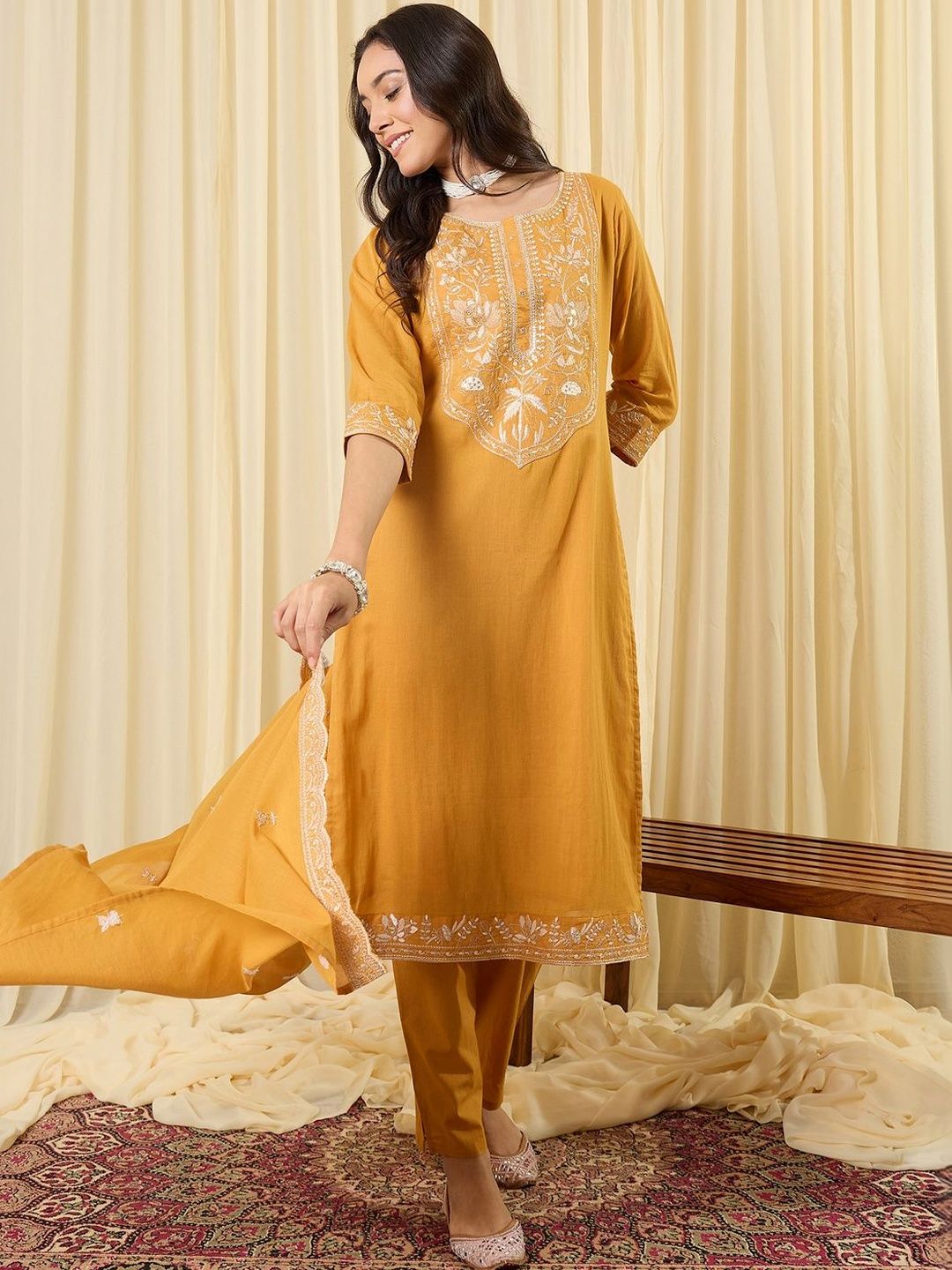 Women Ethnic Motifs Embroidered Regular Thread Work Pure Cotton Kurta with Trousers & With Dupatta