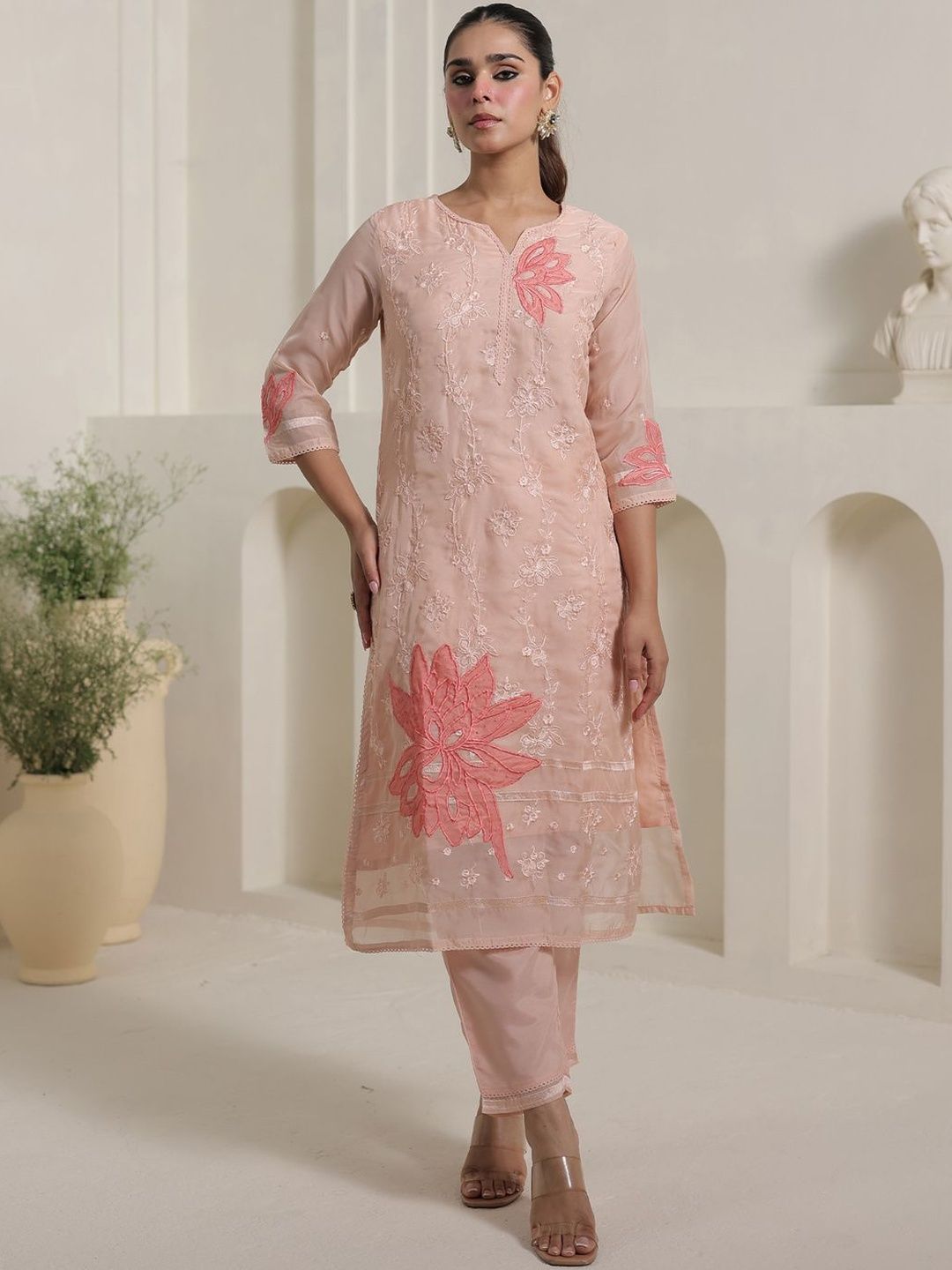 Floral Embroidered Thread Work Organza Straight Kurta With Trousers & Dupatta