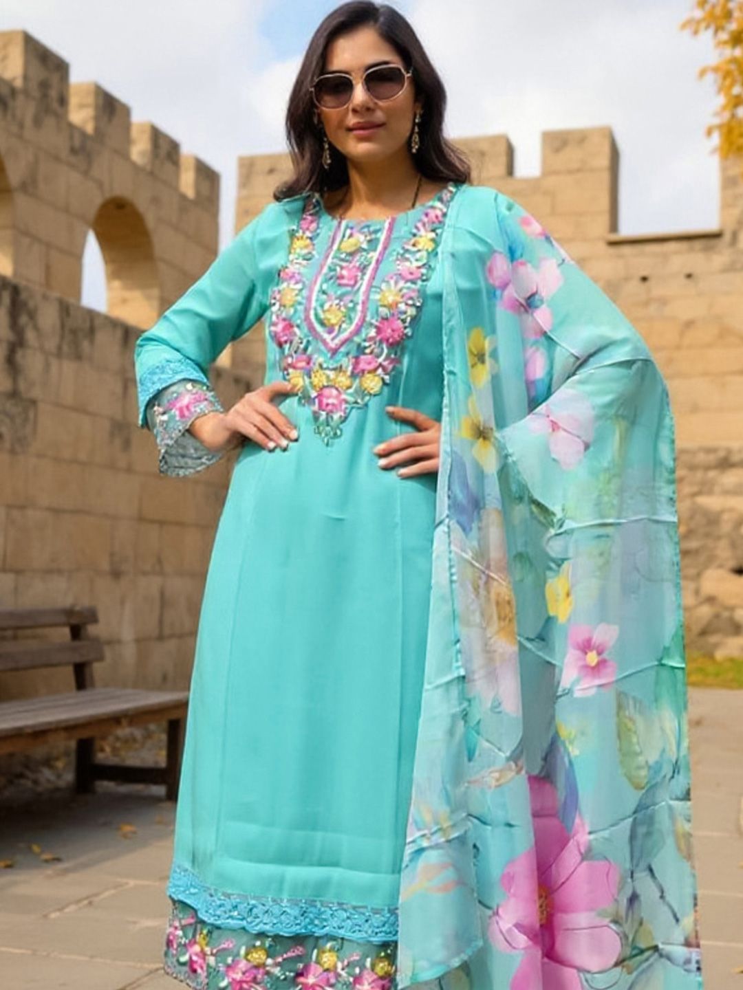 Floral Yoke Design Thread Work Straight Kurta With Trousers & Dupatta