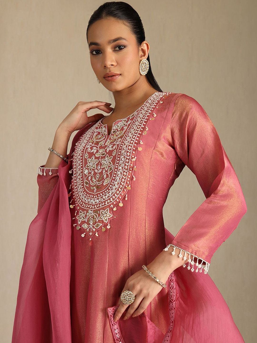 Dhiyona SO Women's Floral Yoke Design Beads and Stones Panelled Anarkali Kurta With Palazzos & Dupatta