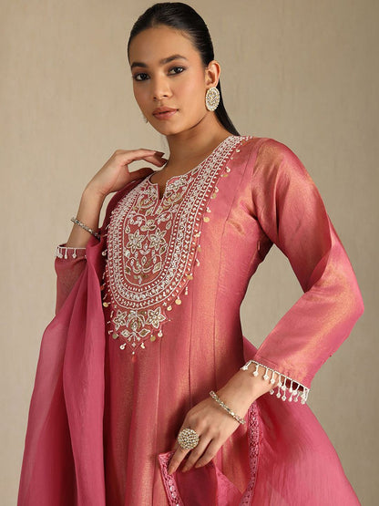 Dhiyona SO Women's Floral Yoke Design Beads and Stones Panelled Anarkali Kurta With Palazzos & Dupatta
