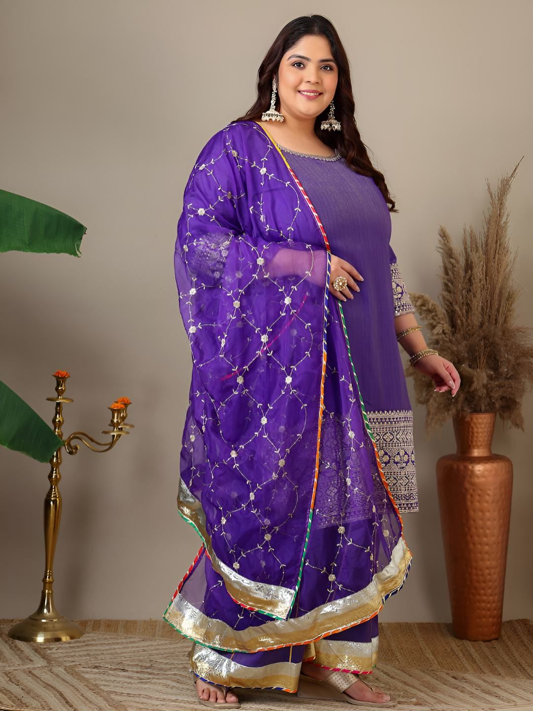 Dhiyona IN Women Plus Size Ethnic Motifs Embroidered Kurta with Sharara & Dupatta