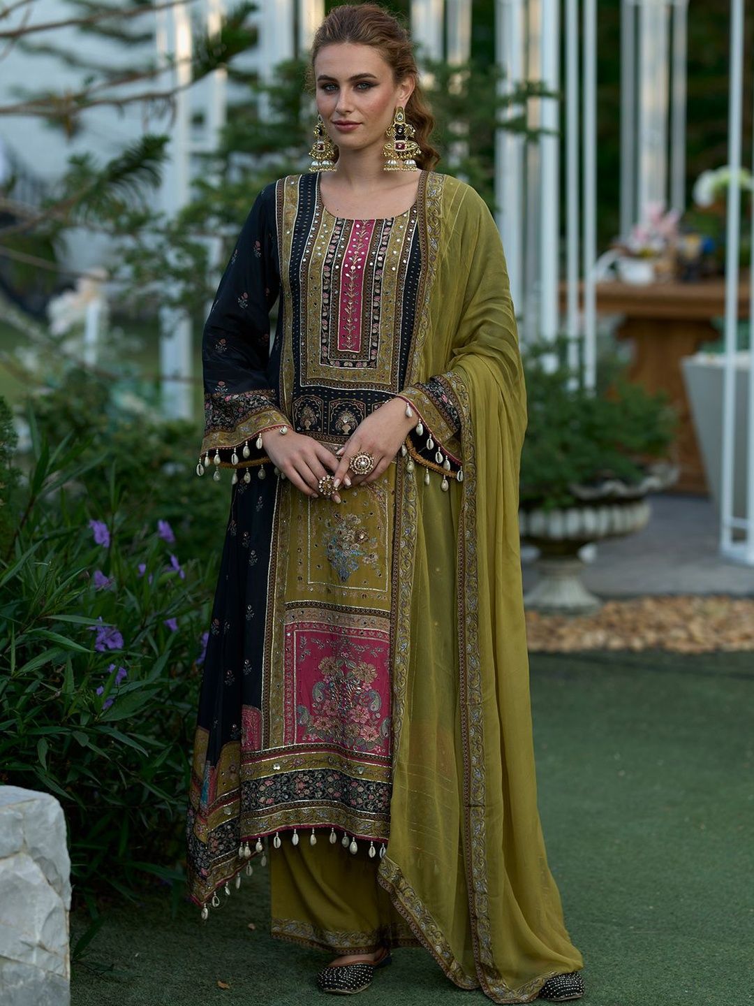 Ethnic Motifs Printed Regular Mirror Work Kurta With Palazzos & Dupatta
