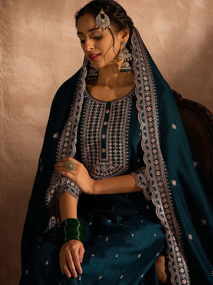 Ethnic Motifs Embroidered Thread Work Straight Kurta With Trousers & Dupatta