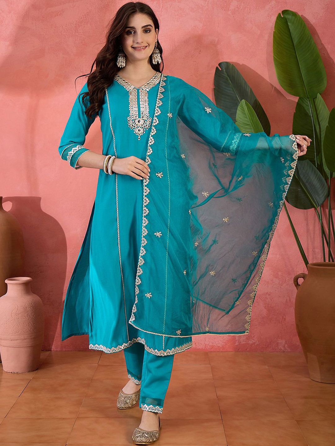 Dhiyona SN Women's Solid Embroidered Kurta with Trousers & Dupatta
