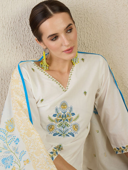 Women White Embroidered Straight Kurta Trousers With Dupatta set