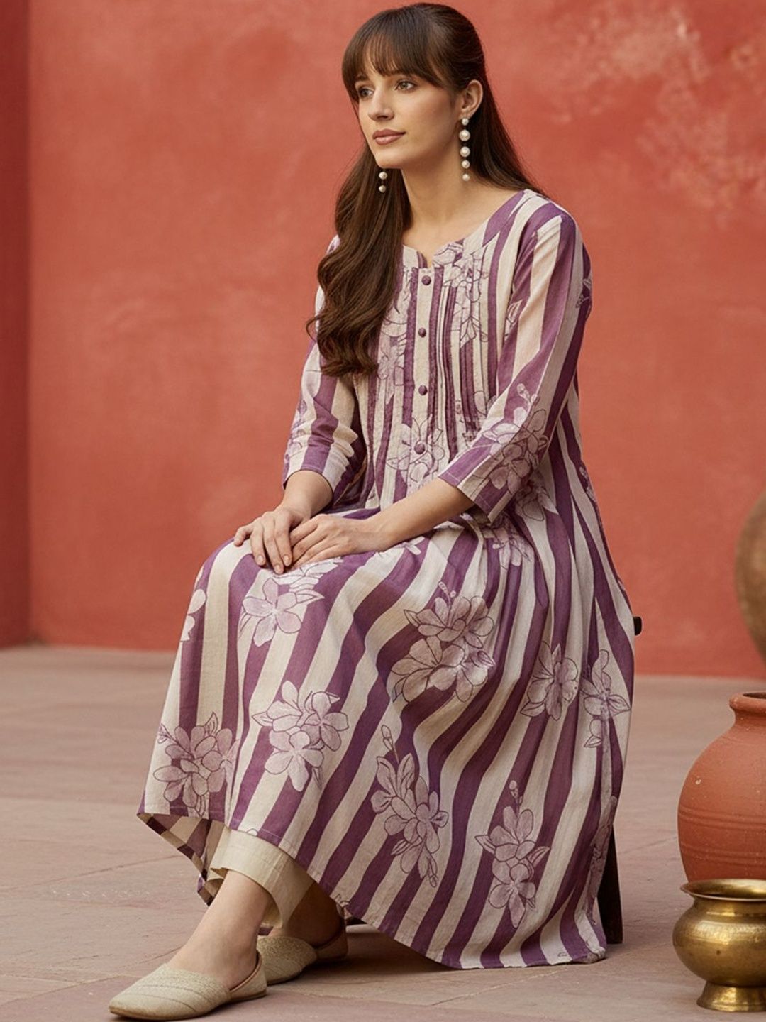 Striped Printed Round Neck Panelled Pure Cotton Kurta With Trousers