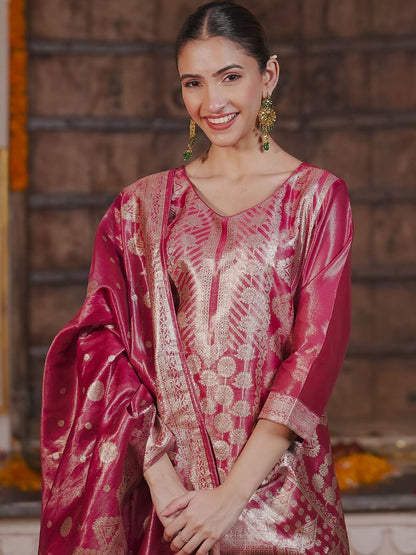 Women Solid Woven Design Regular Kurta with Trousers & With Dupatta