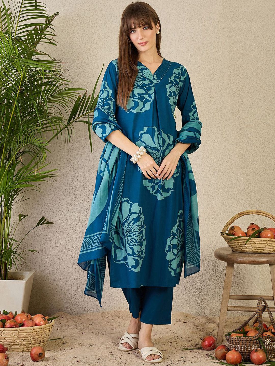 Dhiyona IE Women's Adults-Women Floral Printed Cotton A-Line Kurta with Trousers & Dupatta