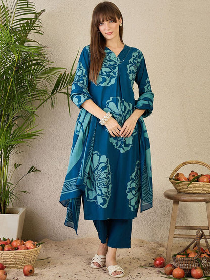 Dhiyona IE Women's Adults-Women Floral Printed Cotton A-Line Kurta with Trousers & Dupatta