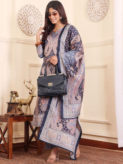 Dhiyona VA Women'sPaisley Printed Straight Kurta with Trouser & Dupatta
