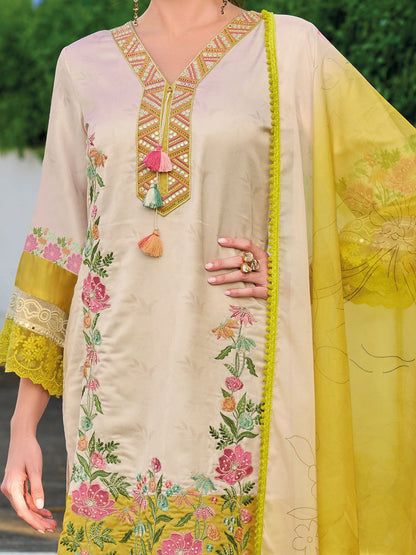 Floral Embroidered Mirror Work Straight Kurta With Trousers & Dupatta