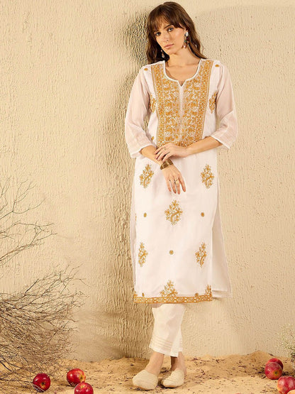 Dhiyona IE White Floral Embroidered Notch Neck Organza Kurta with Trousers & Dupatta