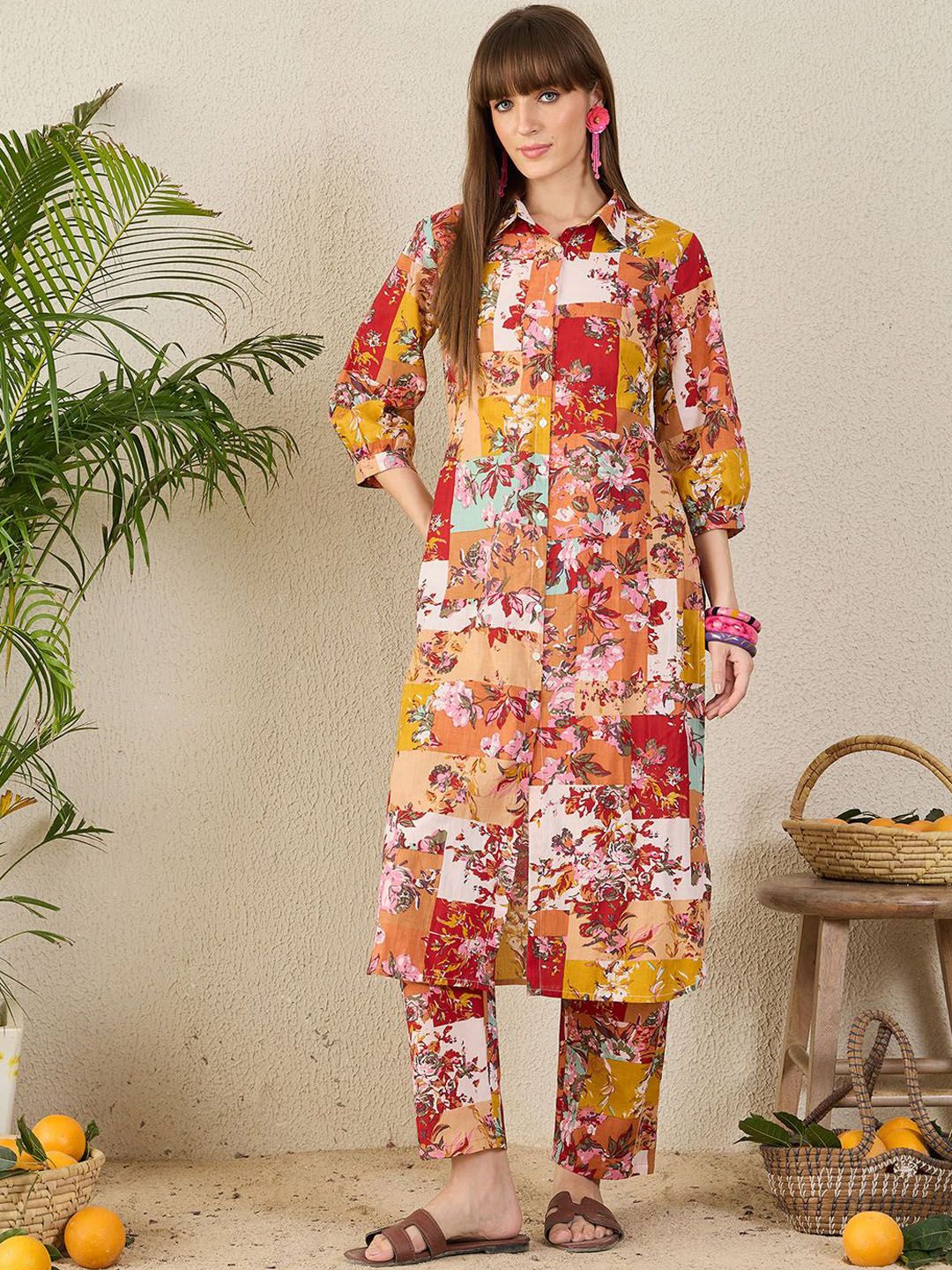 Dhiyona IE Floral Printed Pure Cotton Shirt Collar Tunic With Trousers