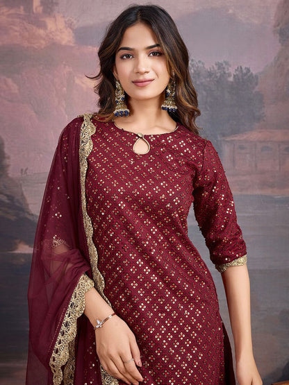 Dhiyona PD Women Embroidered Keyhole Neck Kurta With Sharara & Dupatta