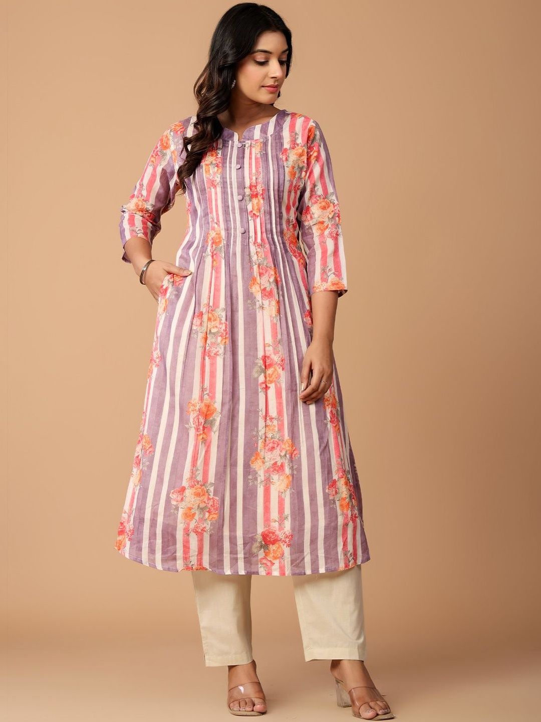 Floral Printed Pleated Pure Cotton A-Line Kurta with Trousers