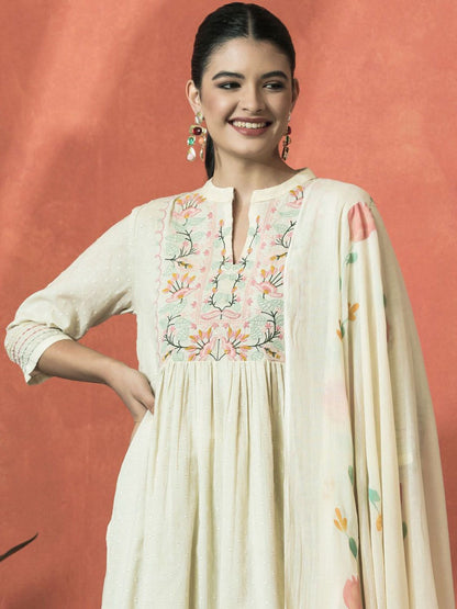 Dhiyona SN Women's Floral Embroidered Mandarin Collar Cotton A-Line Kurta With Trouser & Dupatta