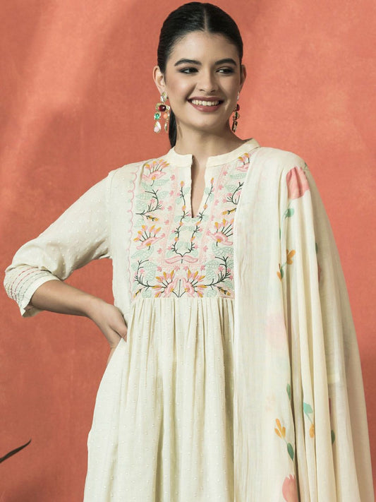 Dhiyona SN Women's Floral Embroidered Mandarin Collar Cotton A-Line Kurta With Trouser & Dupatta