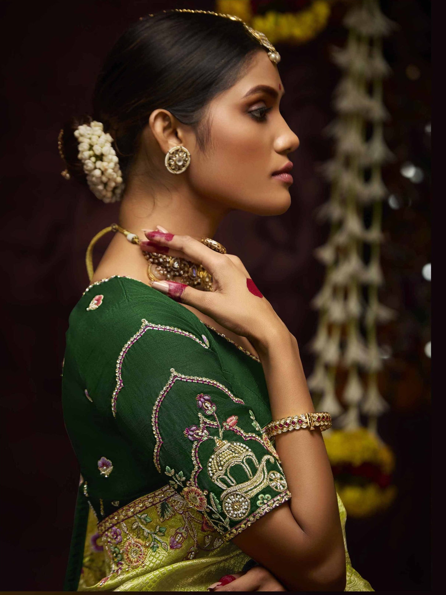 Dhiyona KM Women The Pista Banarasi Silk Saree & Forest Green Georgette Blouse