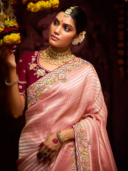 Dhiyona KM Women The Blossom Pink Banarasi Saree With Maroon Reverie Blouse