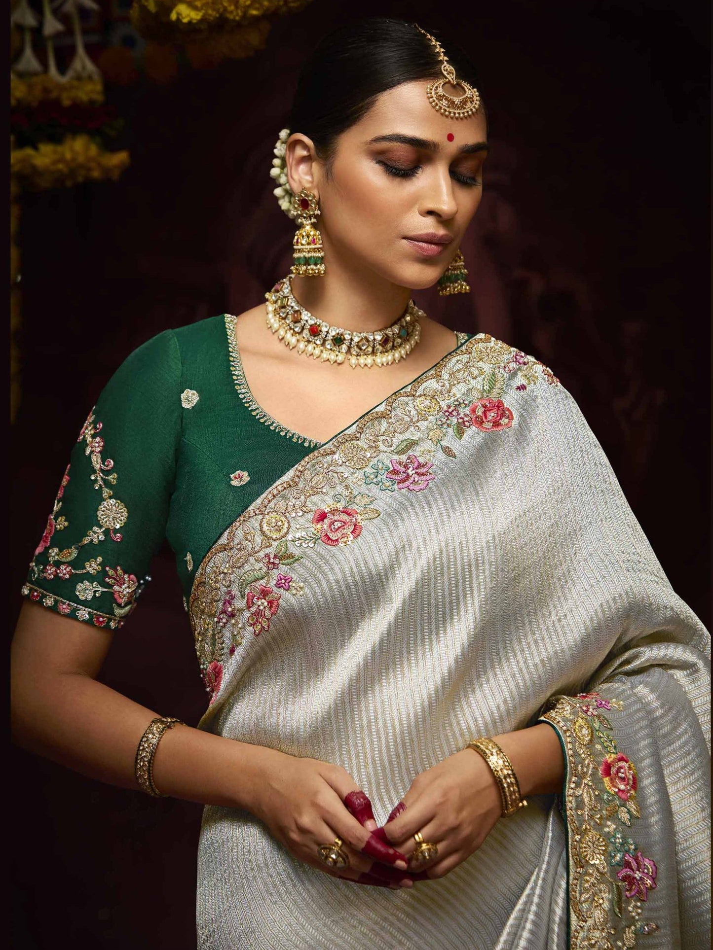 Dhiyona KM Women Elegant Silver Grey Banarasi Silk Saree With Red-Pink Floral Thread & Sequin Work