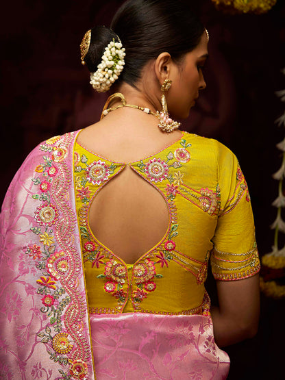 Dhiyona KM Women A Garden Of Dreams: The Roseate Pink Banarasi Silk Saree Verdant Lime Blouse