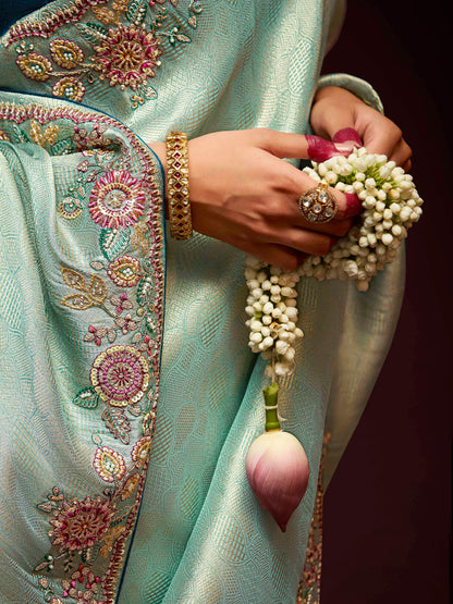Dhiyona KM Women Elegant Sea Green Banarasi Silk Saree