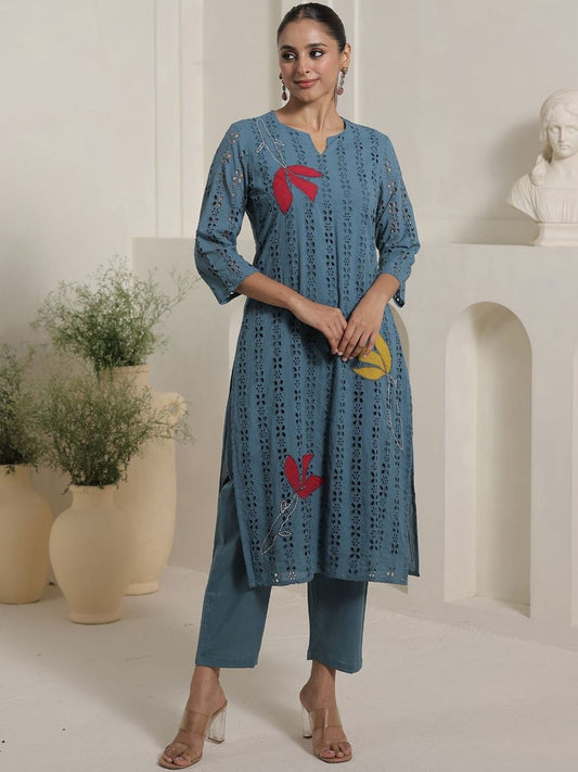 Women Floral Embroidered Regular Thread Work Pure Cotton Kurta with Trousers