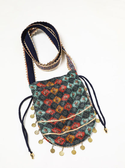 Dhiyona SO Women's Green Ethnic Motifs Printed Mirror Work Kurta With Dhoti Pants & Potli Bag