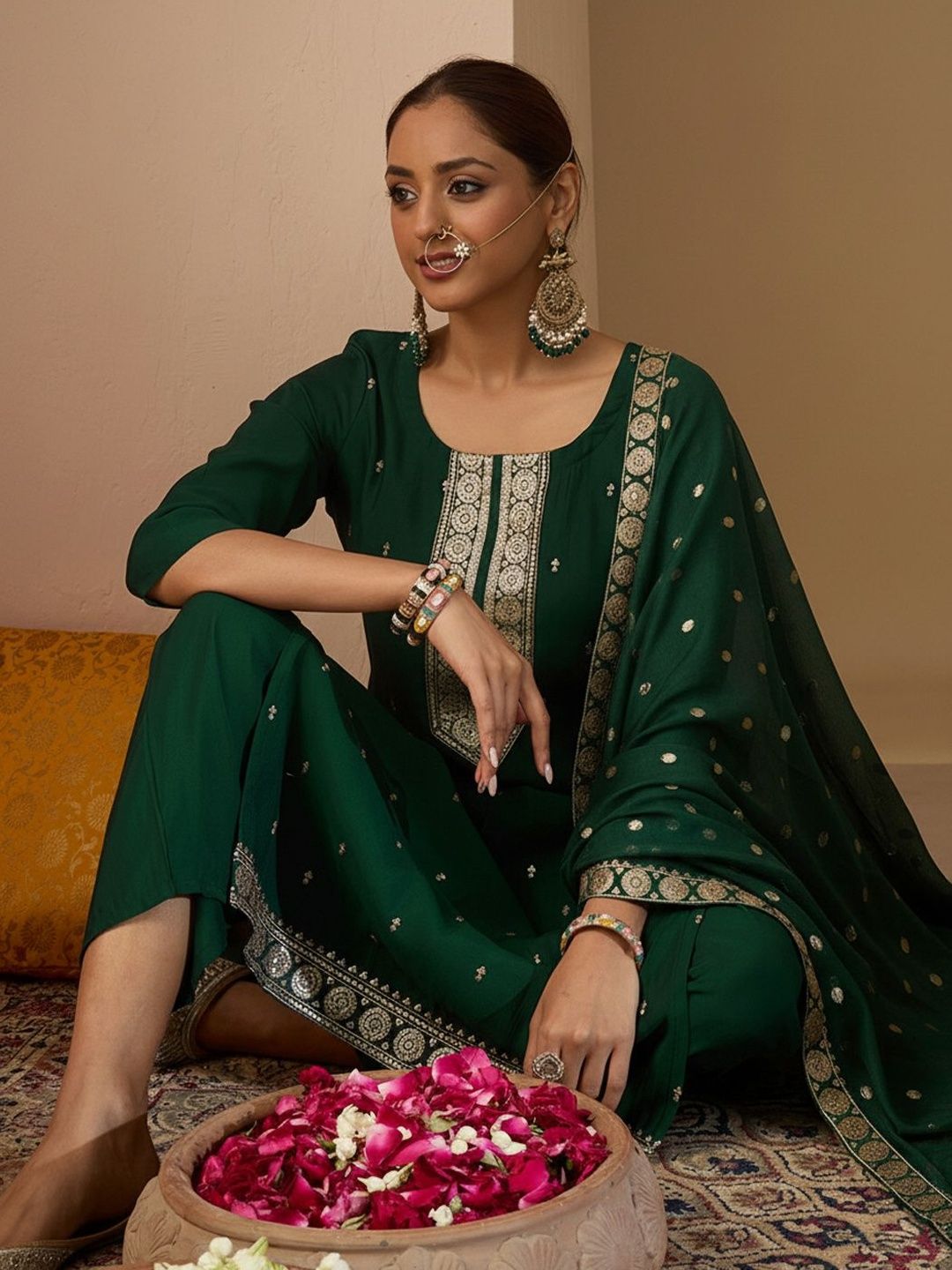 Women Ethnic Motifs Embroidered Regular Kurta with Trousers & With Dupatta