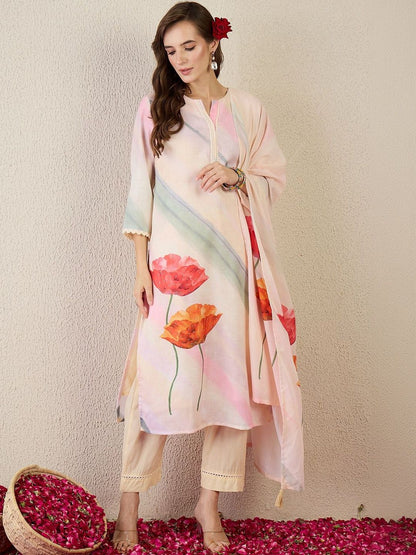 Women Floral Printed Regular Linen Kurta with Trousers & With Dupatta