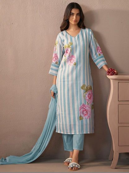 Women Printed Regular Linen Kurta with Trousers & With Dupatta