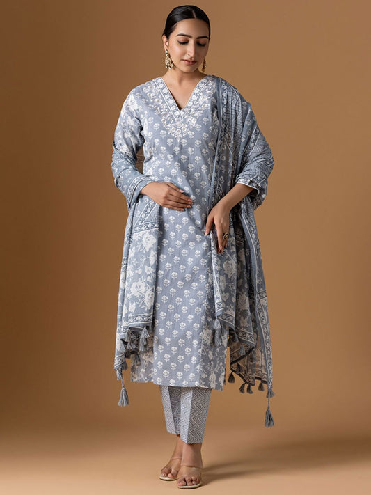 Dhiyona WP Women Floral Printed Cotton Kurta with Trousers & Dupatta