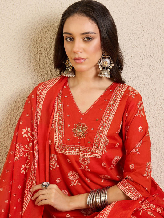 Women Ethnic Motifs Printed Regular Thread Work Pure Cotton Kurta with Trousers & With Dupatta