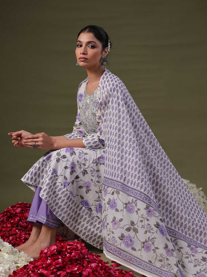 Dhiyona IE Round Neck Floral Printed Empire Sequinned Cotton Kurta with Trouser & Dupatta