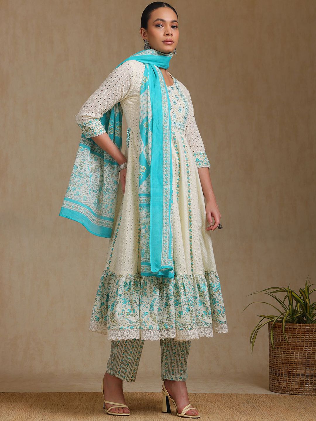 Dhiyona SO Women's Floral Self Design Panelled Thread Work A-Line Kurta With Trousers & Dupatta