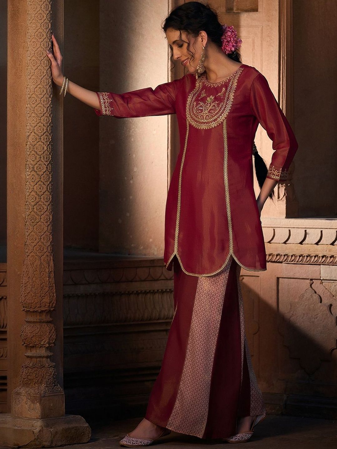 Dhiyona CH Ethnic Motifs Embroidered Thread Work Kurta With Palazzos