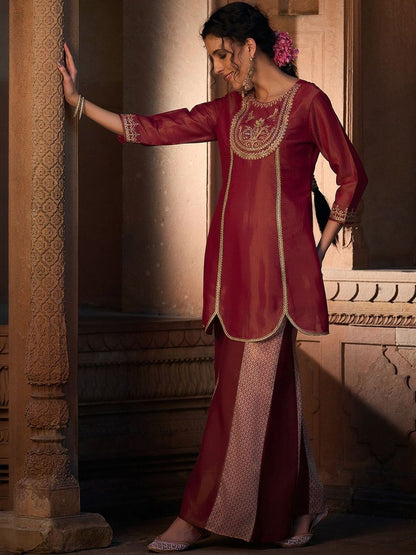 Dhiyona CH Ethnic Motifs Embroidered Thread Work Kurta With Palazzos