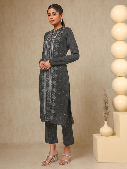 Dhiyona SO Women's Charcoal Floral Woven Design Mandarin Collar Acrylic Straight Kurta With Trouser