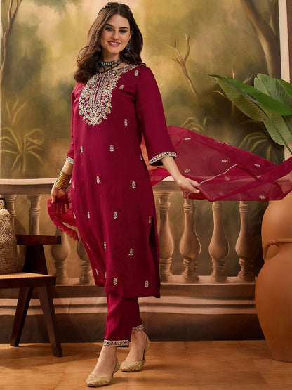 Dhiyona SN Women's Floral Embroidered Notch Neck Straight Kurta With Trousers & Dupatta