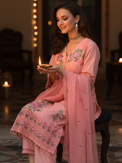 Floral Embroidered V-Neck Pure Cotton Straight Kurta & Trousers With Dupatta