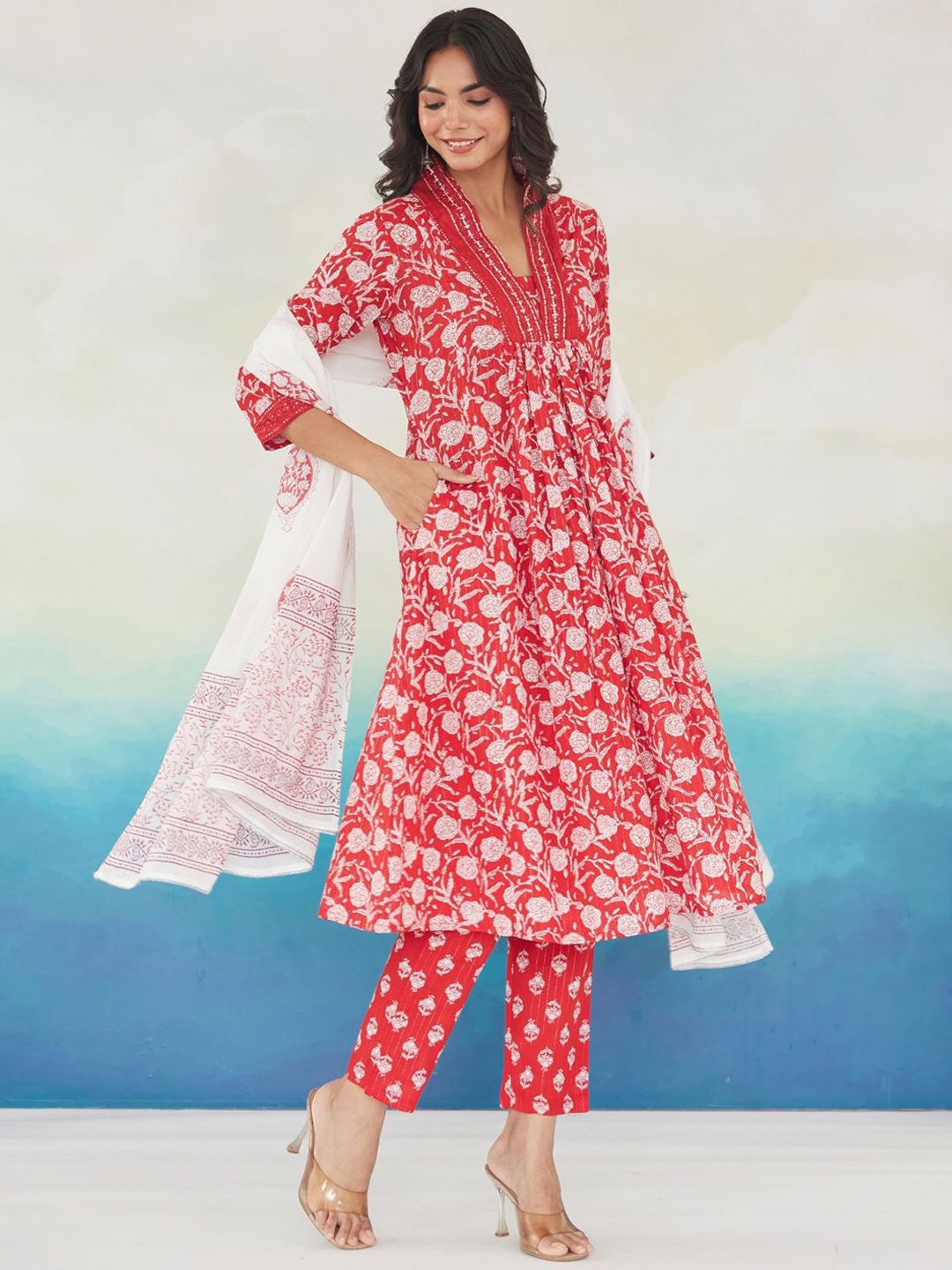 Floral Printed Pleated Beads and Stones Pure Cotton Kurta With Trousers & Dupatta