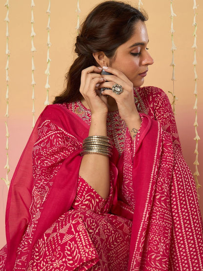 Women Ethnic Motifs Printed Regular Thread Work Pure Cotton Kurta with Trousers & With Dupatta